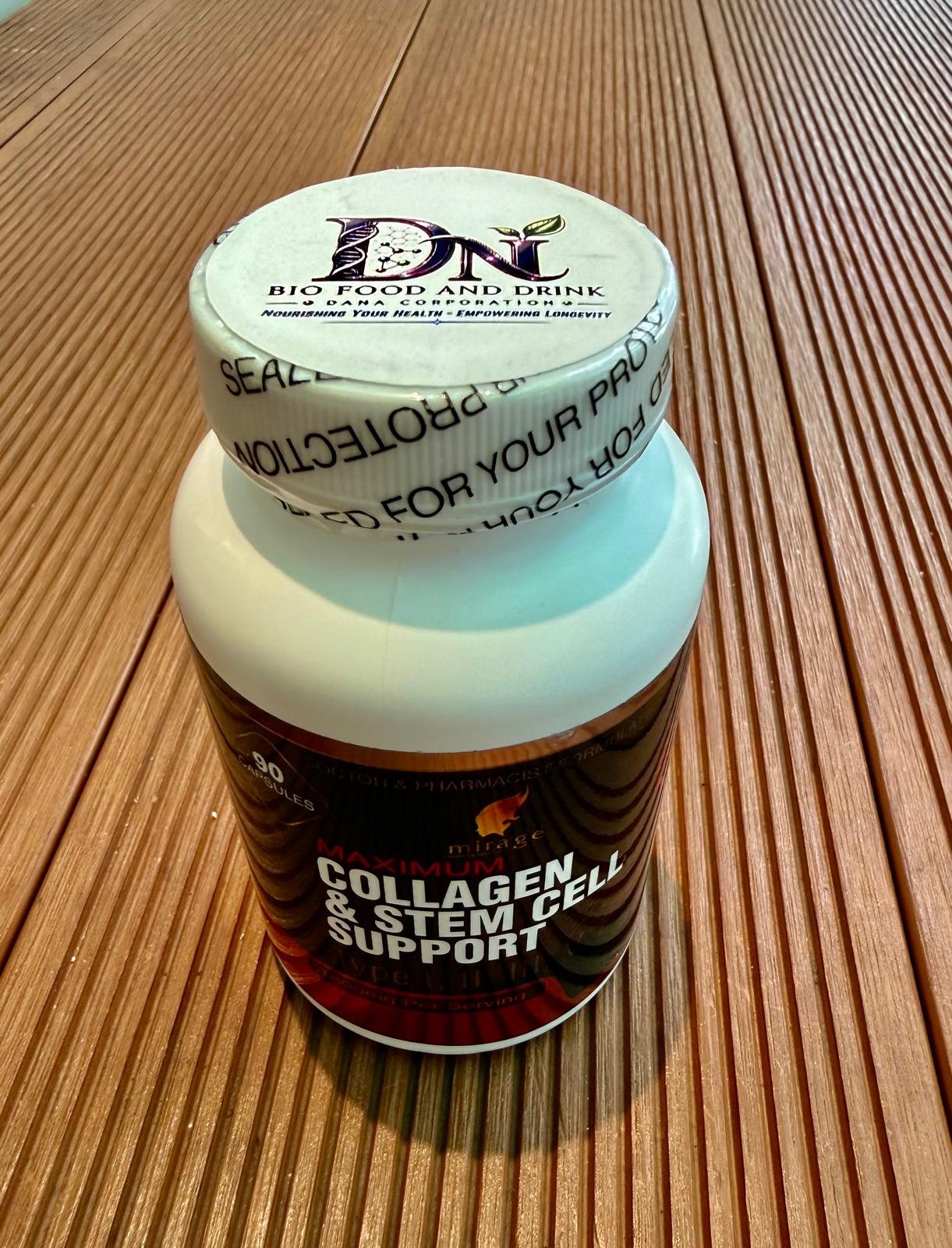 Maximum Collagen and Stem Cell Support bottle close-up on wood surface