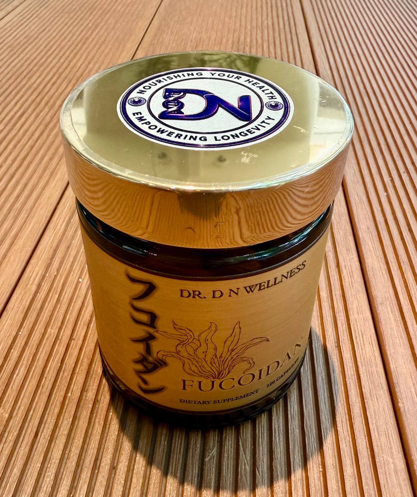 Dr. DN Wellness Fucoidan bottle close-up on wood surface